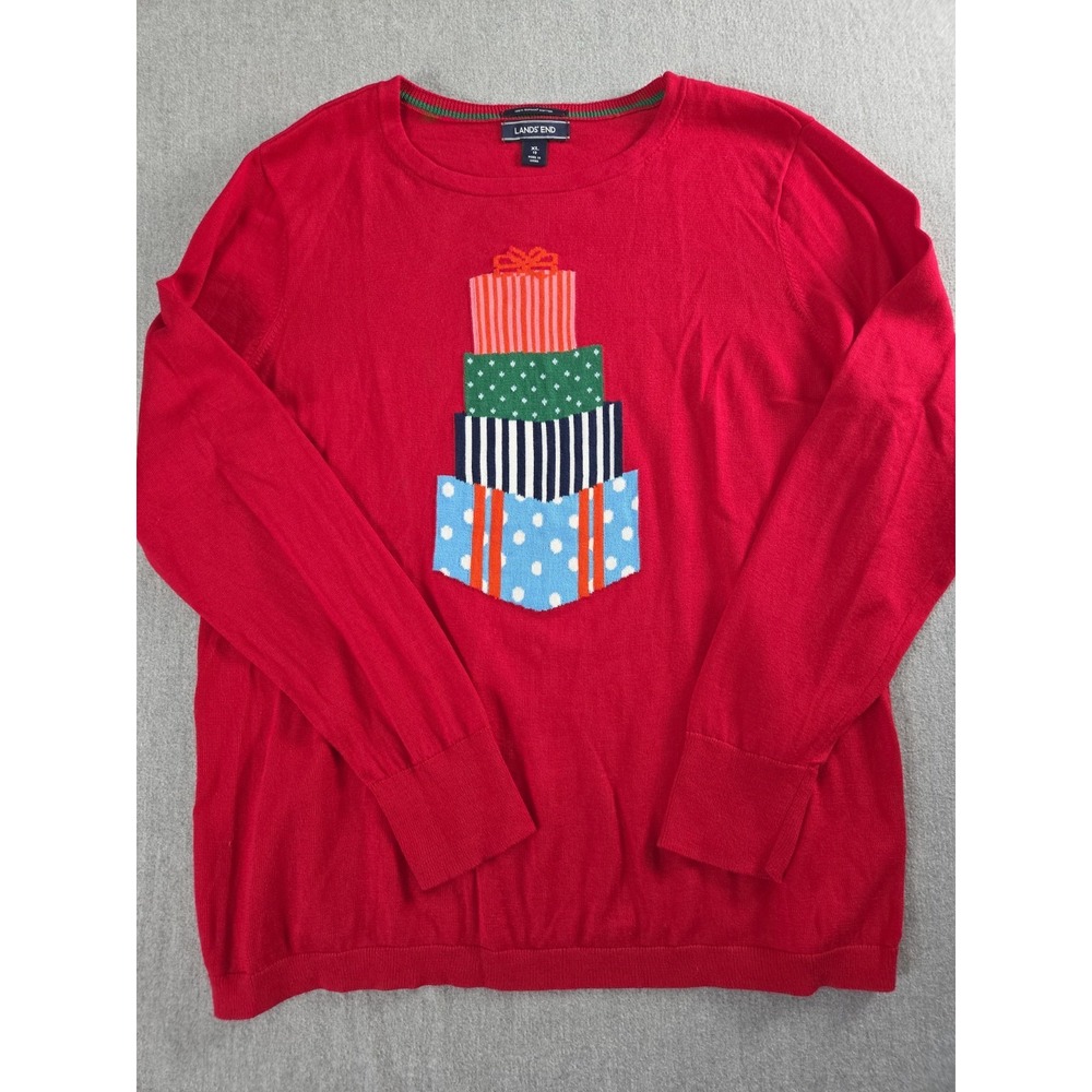 Lands End Sweater Womens XL 18 Red Holiday Presents Gifts Supima Cotton Festive